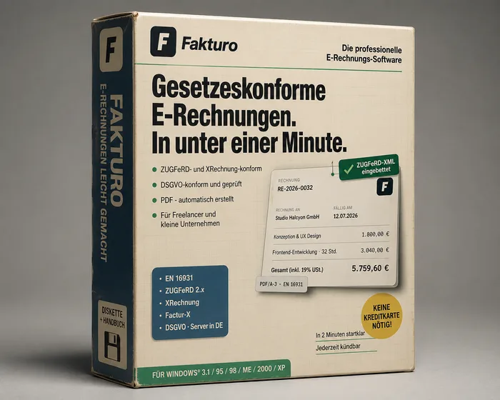 Retro-Softwarekarton von Fakturo im Stil der 90er - mit Diskette, Handbuch und Aufdruck &bdquo;Gesetzeskonforme E-Rechnungen. In unter einer Minute.&ldquo;